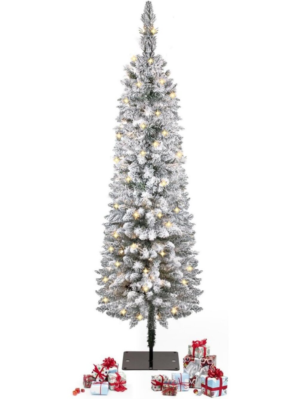 Pre-Lit Snow Flocked Christmas Tree with Warm Lights, 4FT Slim Holiday Decor